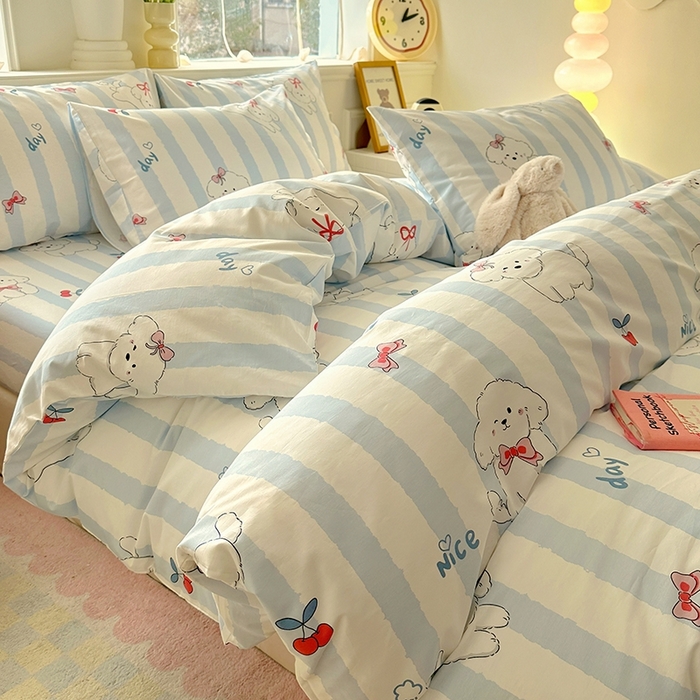 91家纺网 家纺一手货源 找家纺 希诺家居 2025新款全棉纯棉卡通小清新被套床笠四件套 樱桃小奶狗