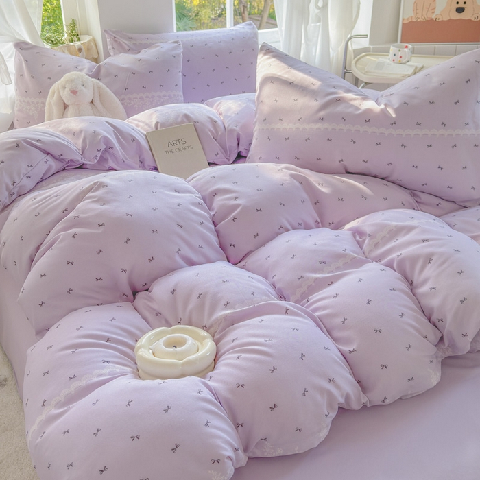 91家纺网 家纺一手货源 找家纺 玉海棠家纺 2025新款针织双层纱四件套 蕾丝蝴蝶紫