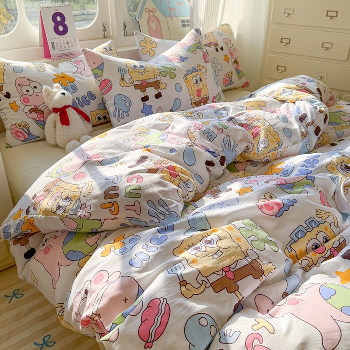 91家纺网 家纺一手货源 找家纺 温眠 2025新款亲肤柔软卡通印花水洗棉四件套 海绵伙伴