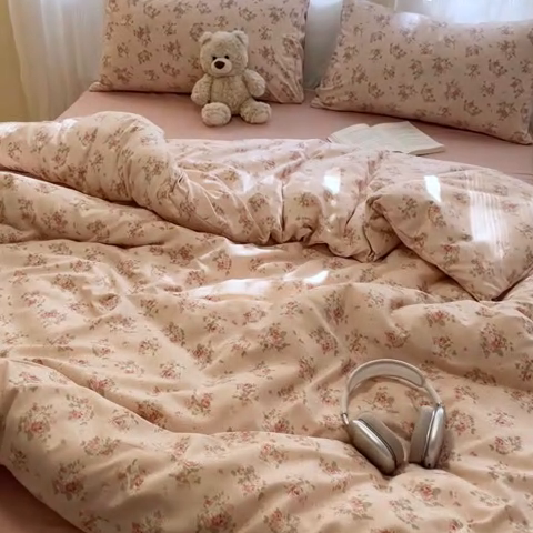 91家纺网 家纺一手货源 找家纺 玉海棠家纺 2025新款针织双层纱四件套 春和豆沙