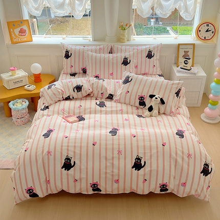 希诺家居 2025新款全棉纯棉卡通小清新被套床笠四件套 条纹黑猫