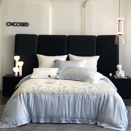 91家纺网 家纺一手货源 找家纺 初拾 2025新款100s双股澳棉刺绣四件套-赫拉公主（棉） 棉 赫拉公主-海边蓝