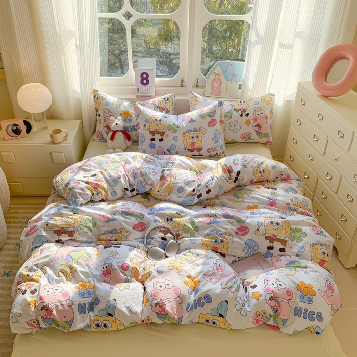 91家纺网 家纺一手货源 找家纺 温眠 2025新款亲肤柔软卡通印花水洗棉四件套 海绵伙伴