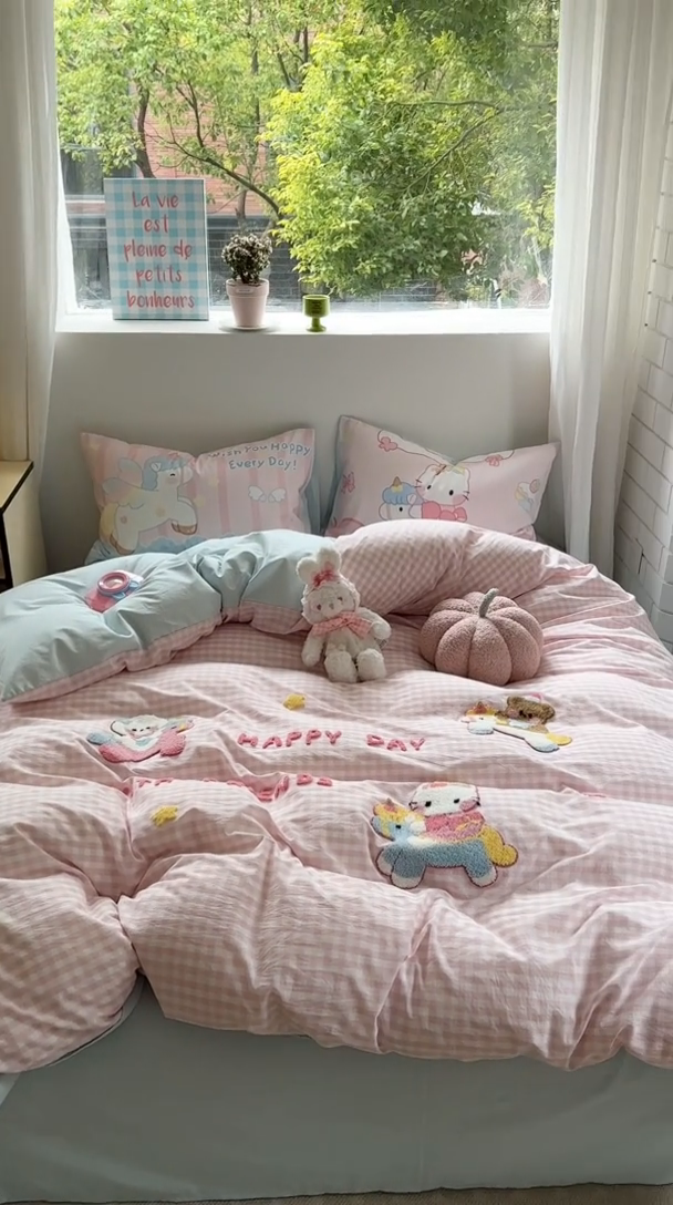 91家纺网 家纺一手货源 找家纺 柚子YOUTH 2025新款水洗棉条格毛巾绣四件套 木马kitty