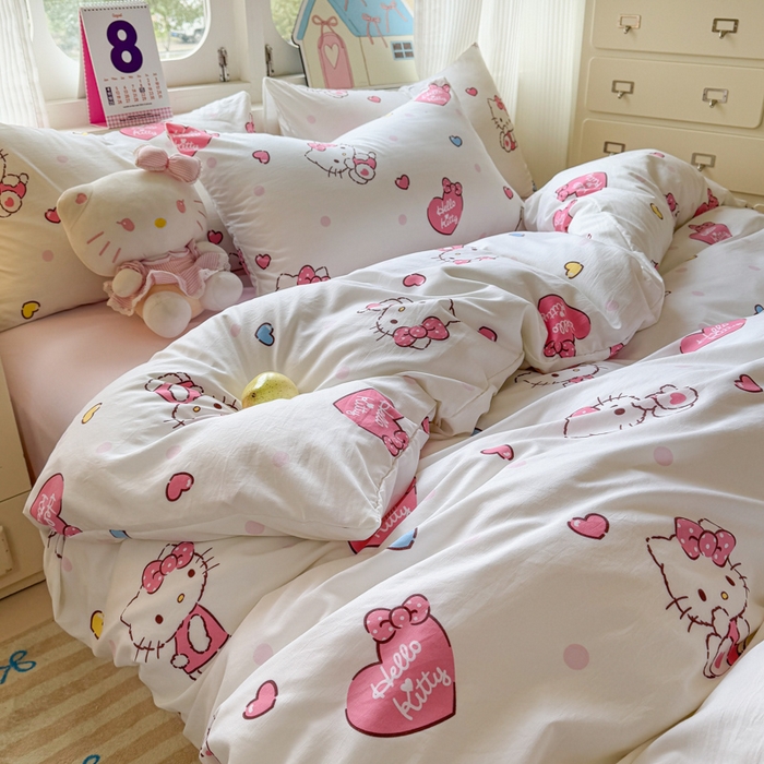 91家纺网 家纺一手货源 找家纺 温眠 2025新款亲肤柔软卡通印花水洗棉四件套 爱心kt