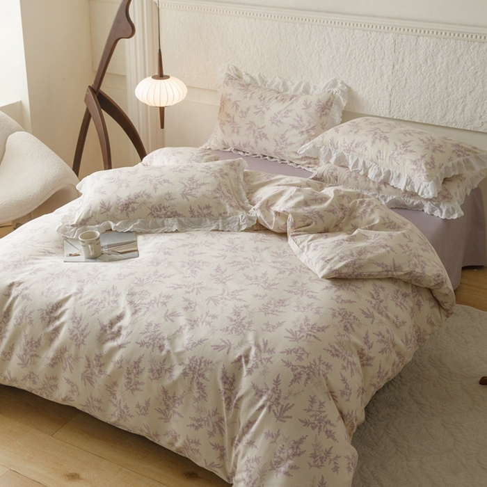 91家纺网 家纺一手货源 找家纺 2025新款【假日花园】全棉蕾丝花边四件套榛叶与花