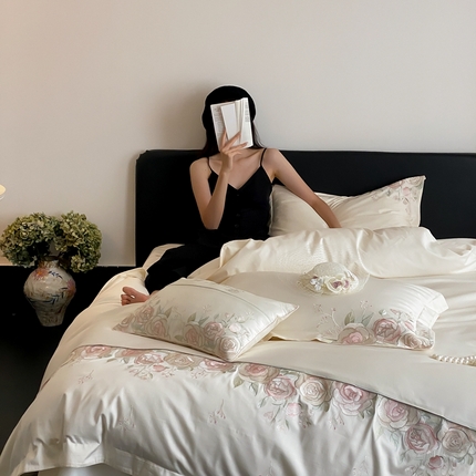 2025新款100支全棉四件套-玫瑰物语 白色