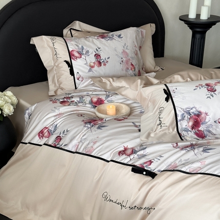 91家纺网 家纺一手货源 找家纺 佳汐蓝家纺 2025新款100支澳棉刺绣宽边四件套-榴香 榴香-香槟