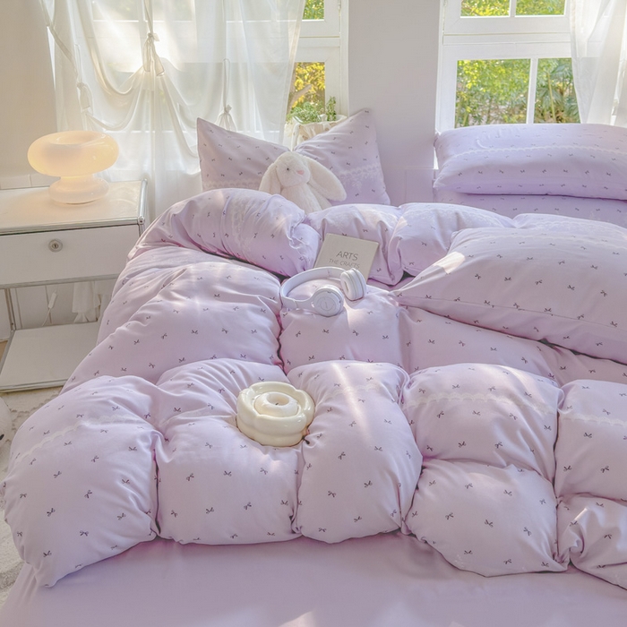 91家纺网 家纺一手货源 找家纺 玉海棠家纺 2025新款针织双层纱四件套 蕾丝蝴蝶紫