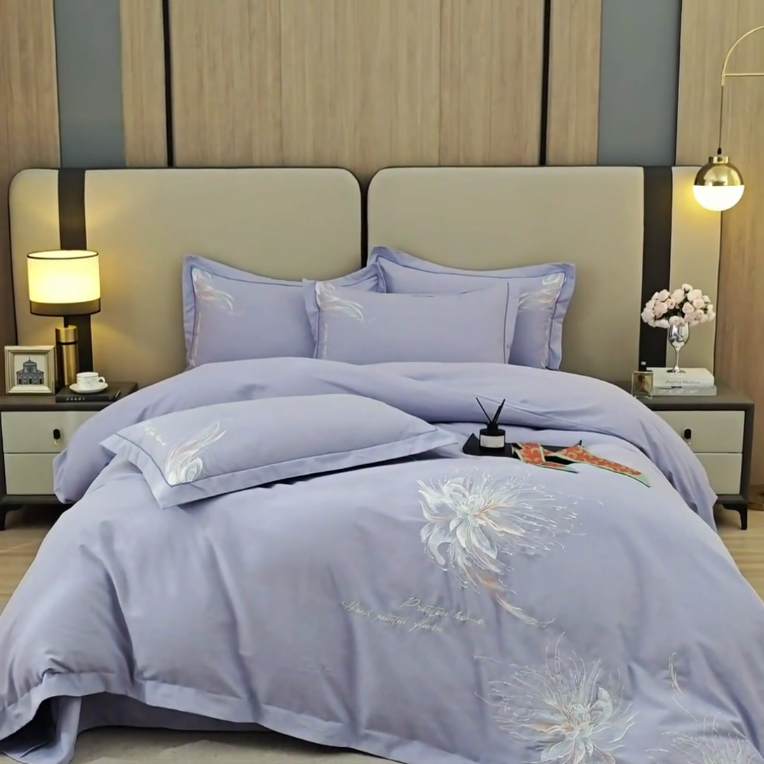 91家纺网 家纺一手货源 找家纺 （总）雲归梦 2025新款全棉加厚磨毛绣花宽边工艺四件套-叶语情深