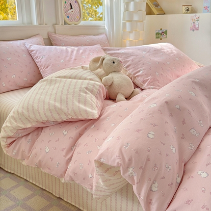 91家纺网 家纺一手货源 找家纺 希文 2025新款13372全棉纯棉印花四件套-第一批 玉兔兔-粉