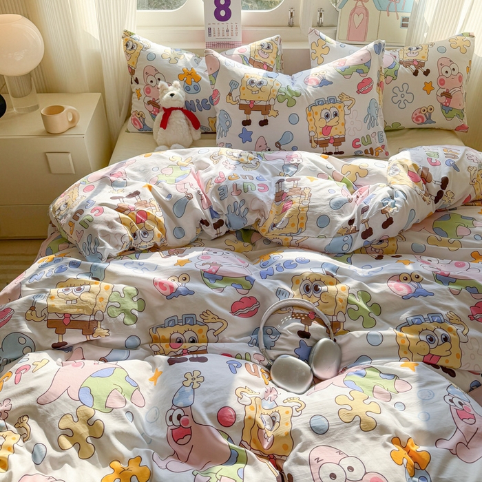 91家纺网 家纺一手货源 找家纺 温眠 2025新款亲肤柔软卡通印花水洗棉四件套 海绵伙伴