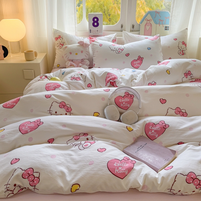 91家纺网 家纺一手货源 找家纺 温眠 2025新款亲肤柔软卡通印花水洗棉四件套 爱心kt