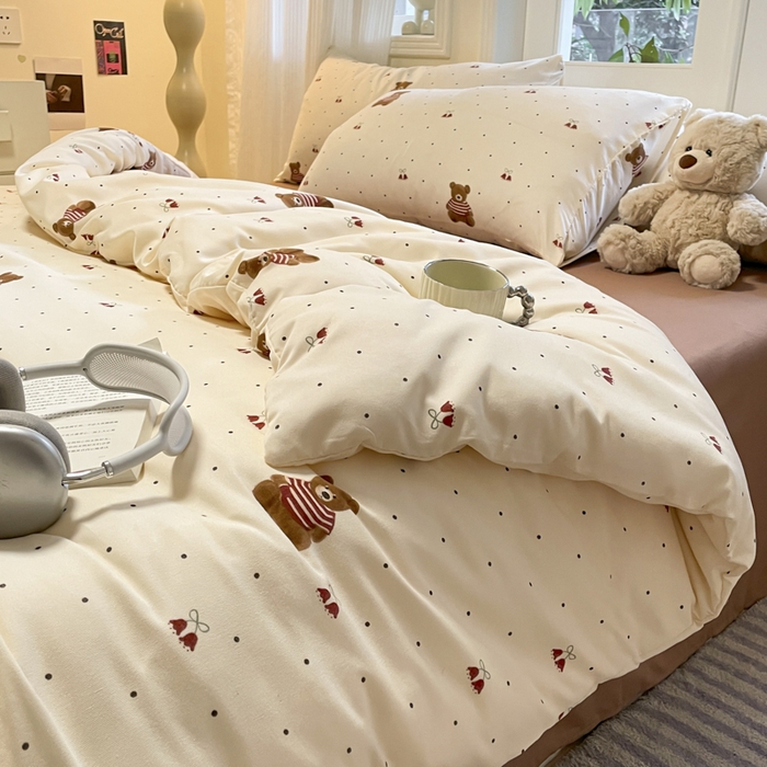 91家纺网 家纺一手货源 找家纺 玉海棠家纺 2025新款针织双层纱四件套 叮当熊