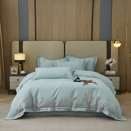 雲归梦 2025新款全棉加厚磨毛绣花宽边工艺四件套-南法凤情 南法凤情-灰绿