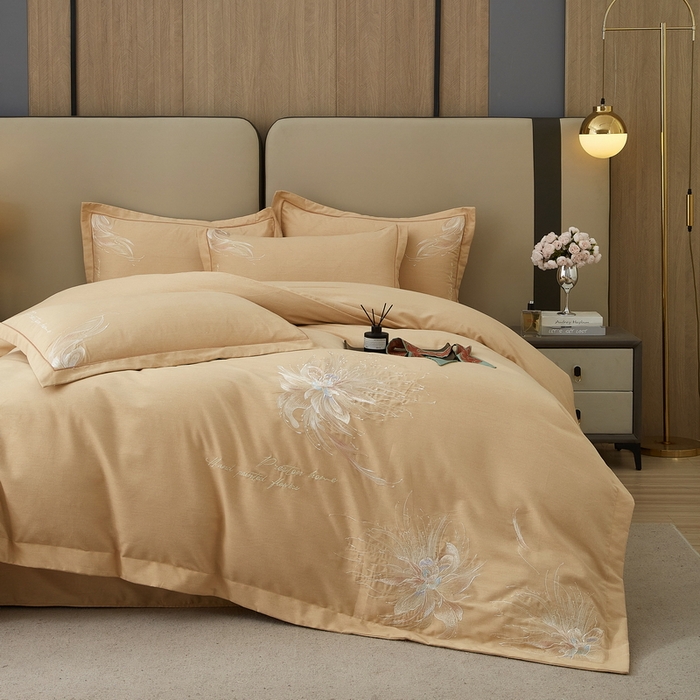 91家纺网 家纺一手货源 找家纺 雲归梦 2025新款全棉加厚磨毛绣花宽边工艺四件套-叶语情深 叶语情深-棕