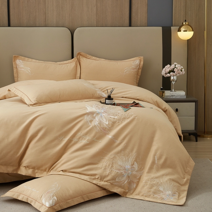 91家纺网 家纺一手货源 找家纺 雲归梦 2025新款全棉加厚磨毛绣花宽边工艺四件套-叶语情深 叶语情深-棕