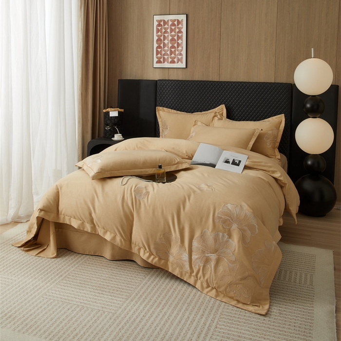 91家纺网 家纺一手货源 找家纺 雲归梦 2025新款全棉加厚磨毛绣花宽边工艺四件套-璀璨人生 璀璨人生-浅棕