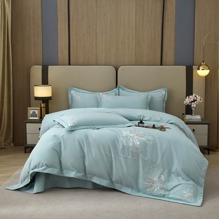 雲归梦 2025新款全棉加厚磨毛绣花宽边工艺四件套-叶语情深 叶语情深-兰绿