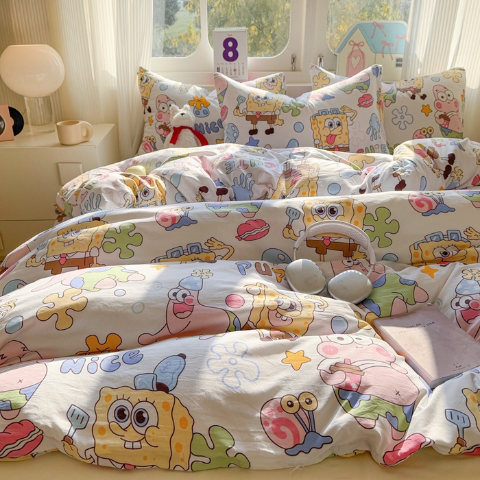 91家纺网 家纺一手货源 找家纺 温眠 2025新款亲肤柔软卡通印花水洗棉四件套 海绵伙伴