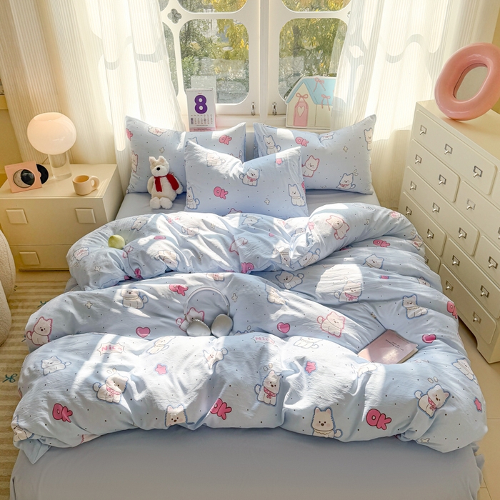 91家纺网 家纺一手货源 找家纺 温眠 2025新款亲肤柔软卡通印花水洗棉四件套 高西低