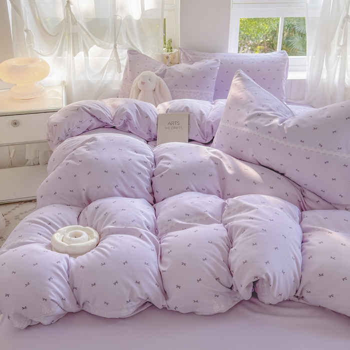 91家纺网 家纺一手货源 找家纺 玉海棠家纺 2025新款针织双层纱四件套 蕾丝蝴蝶紫