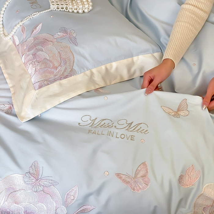 91家纺网 家纺一手货源 找家纺 2025新款100支全棉四件套-绮梦风格二 蓝色