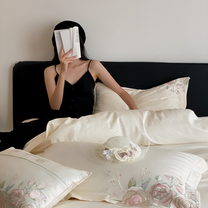 91家纺网 家纺一手货源 找家纺 2025新款100支全棉四件套-玫瑰物语 白色