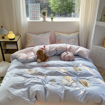 91家纺网 家纺一手货源 找家纺 （总）柚子YOUTH 2025新款水洗棉条格毛巾绣四件套