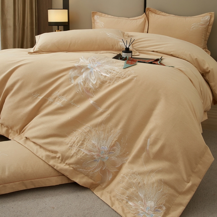 91家纺网 家纺一手货源 找家纺 雲归梦 2025新款全棉加厚磨毛绣花宽边工艺四件套-叶语情深 叶语情深-棕