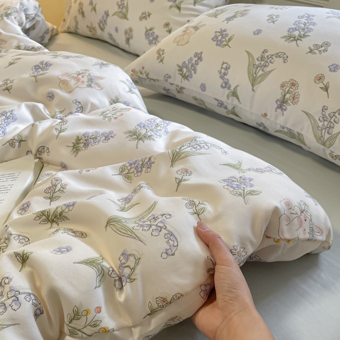 91家纺网 家纺一手货源 找家纺 玉海棠家纺 2025新款针织双层纱四件套 花间兔