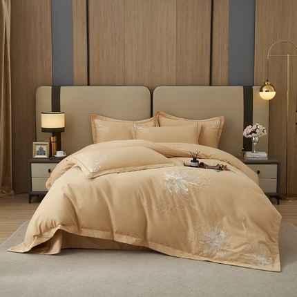 91家纺网 家纺一手货源 找家纺 雲归梦 2025新款全棉加厚磨毛绣花宽边工艺四件套-叶语情深 叶语情深-棕