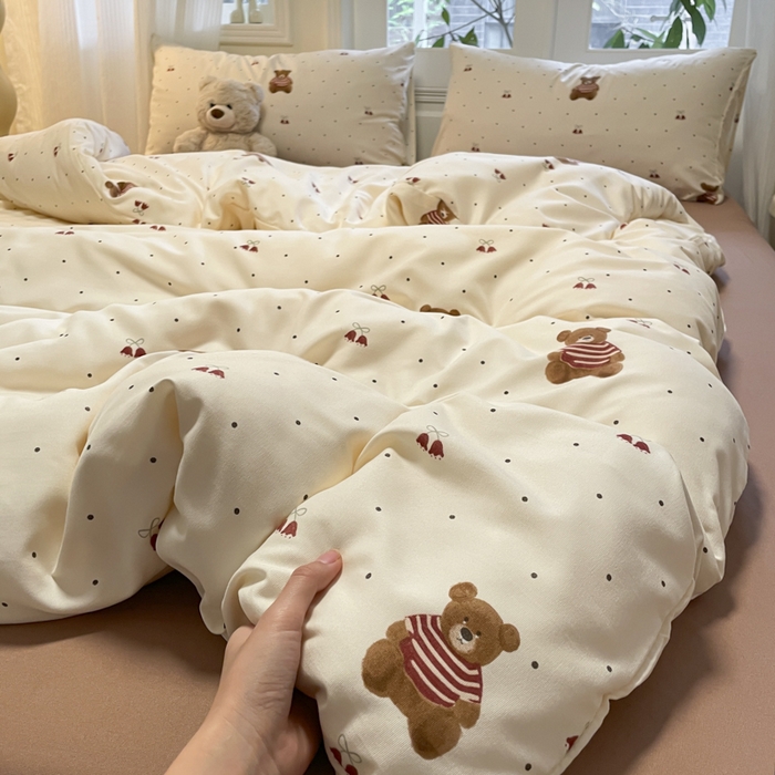 91家纺网 家纺一手货源 找家纺 玉海棠家纺 2025新款针织双层纱四件套 叮当熊