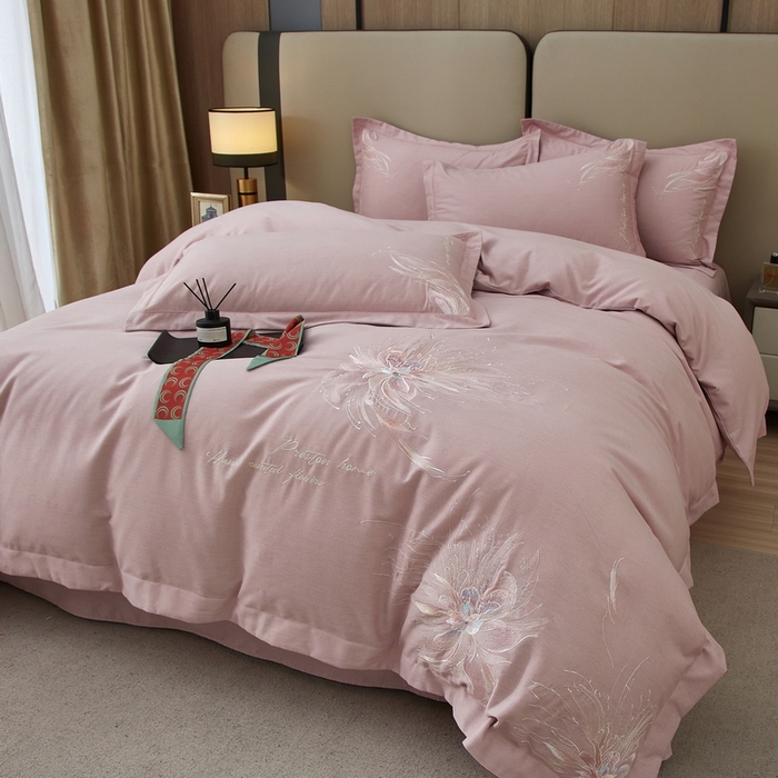 91家纺网 家纺一手货源 找家纺 雲归梦 2025新款全棉加厚磨毛绣花宽边工艺四件套-叶语情深 叶语情深-浅紫