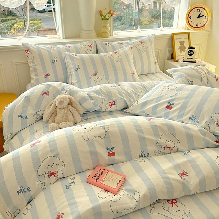 91家纺网 家纺一手货源 找家纺 希诺家居 2025新款全棉纯棉卡通小清新被套床笠四件套 樱桃小奶狗