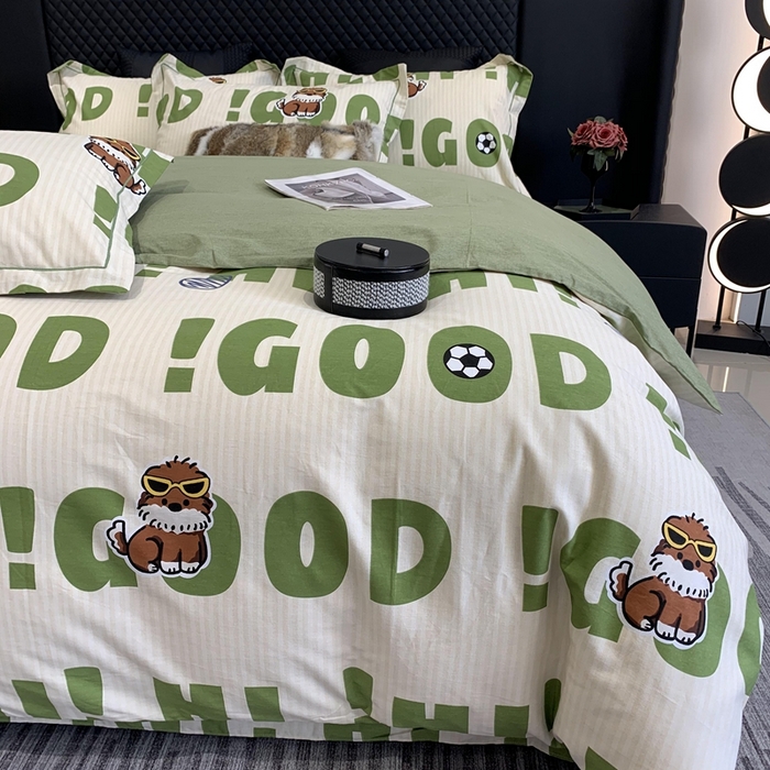 91家纺网 家纺一手货源 找家纺 莱豫家纺 2025新款全棉生态磨毛加厚全棉四件套 字母狗狗