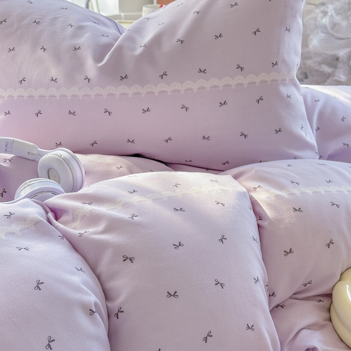 91家纺网 家纺一手货源 找家纺 玉海棠家纺 2025新款针织双层纱四件套 蕾丝蝴蝶紫