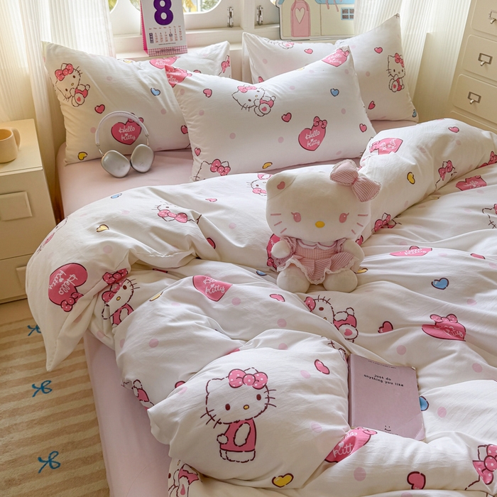 91家纺网 家纺一手货源 找家纺 温眠 2025新款亲肤柔软卡通印花水洗棉四件套 爱心kt