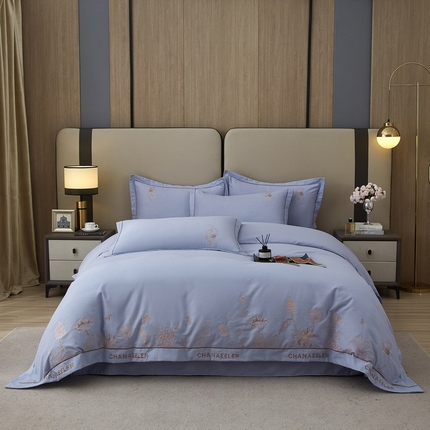 雲归梦 2025新款全棉加厚磨毛绣花宽边工艺四件套-南法凤情 南法凤情-浅蓝