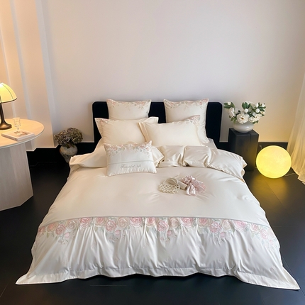 91家纺网 家纺一手货源 找家纺 2025新款100支全棉四件套-玫瑰物语 白色