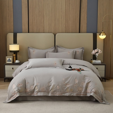 雲归梦 2025新款全棉加厚磨毛绣花宽边工艺四件套-南法凤情 南法凤情-灰