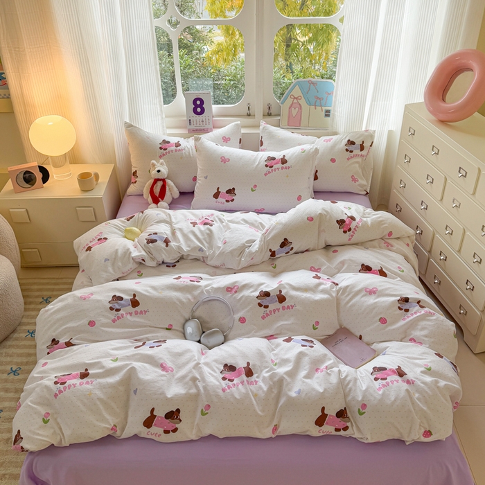 91家纺网 家纺一手货源 找家纺 温眠 2025新款亲肤柔软卡通印花水洗棉四件套 欢乐伙伴