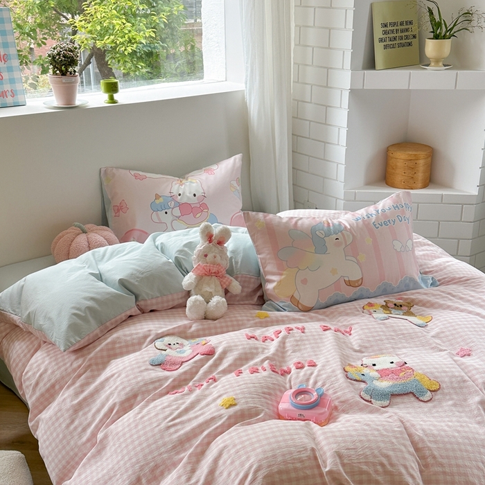 91家纺网 家纺一手货源 找家纺 柚子YOUTH 2025新款水洗棉条格毛巾绣四件套 木马kitty