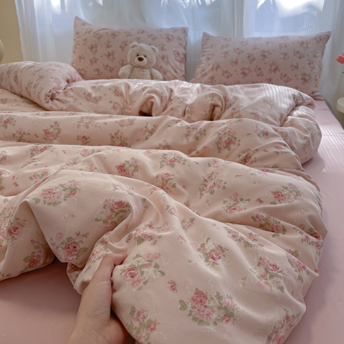 91家纺网 家纺一手货源 找家纺 玉海棠家纺 2025新款针织双层纱四件套 春和豆沙