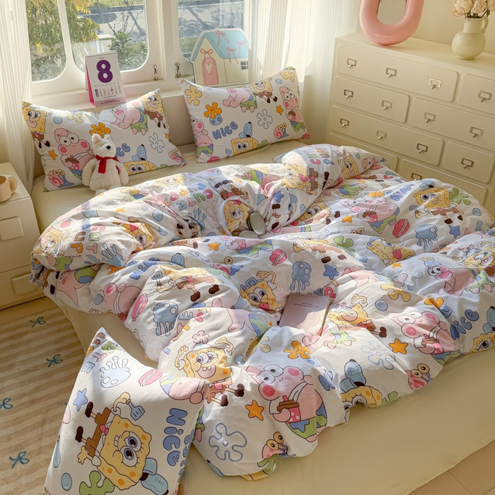 91家纺网 家纺一手货源 找家纺 温眠 2025新款亲肤柔软卡通印花水洗棉四件套 海绵伙伴