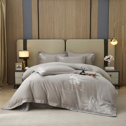 雲归梦 2025新款全棉加厚磨毛绣花宽边工艺四件套-叶语情深 叶语情深-灰