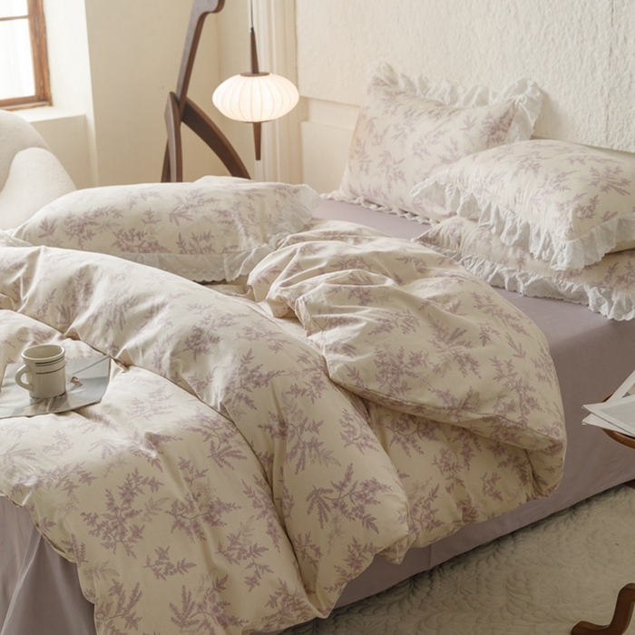 91家纺网 家纺一手货源 找家纺 2025新款【假日花园】全棉蕾丝花边四件套榛叶与花