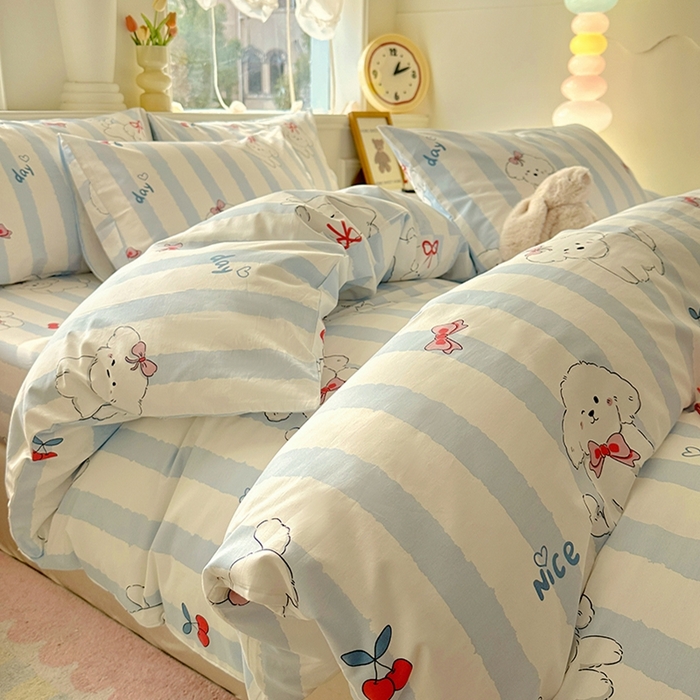 91家纺网 家纺一手货源 找家纺 希诺家居 2025新款全棉纯棉卡通小清新被套床笠四件套 樱桃小奶狗