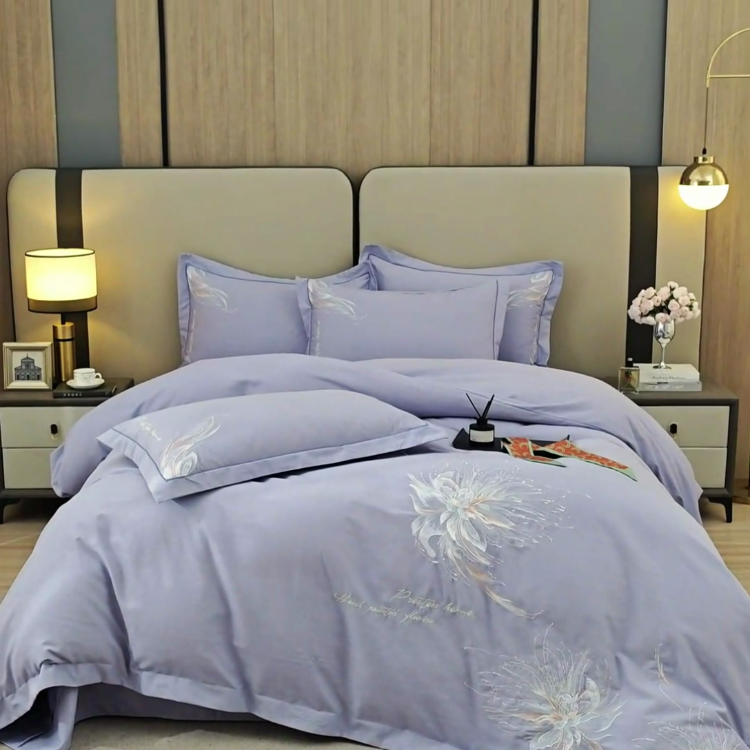 91家纺网 家纺一手货源 找家纺 雲归梦 2025新款全棉加厚磨毛绣花宽边工艺四件套-叶语情深 叶语情深-浅蓝