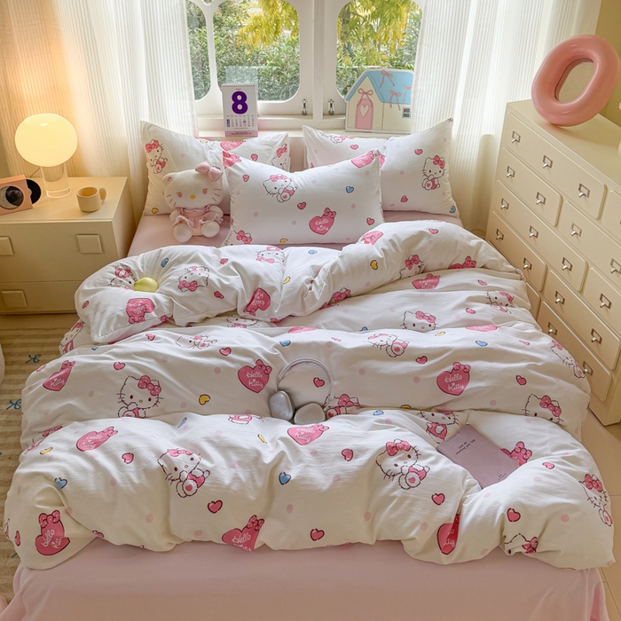 91家纺网 家纺一手货源 找家纺 温眠 2025新款亲肤柔软卡通印花水洗棉四件套 爱心kt